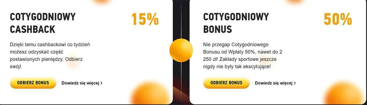 Two promo tiles: Weekly Cashback – 15% (get part of your losses back each week) Weekly Bonus – 50% (50% deposit bonus up to 2,250 zł for sports betting) Both have “Claim bonus” and “Learn more” buttons.